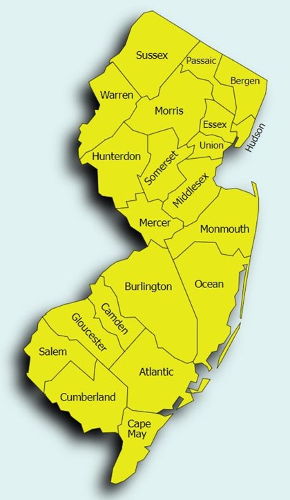 Map of NJ with counties that are quarantines highlightes. Refernce list in this section.